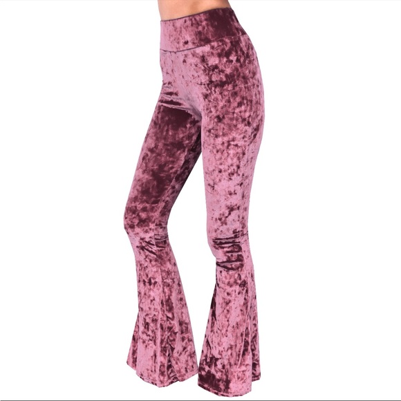 Dusty Rose Crushed Velvet Bell Bottom Flare Pants - Picture 5 of 9